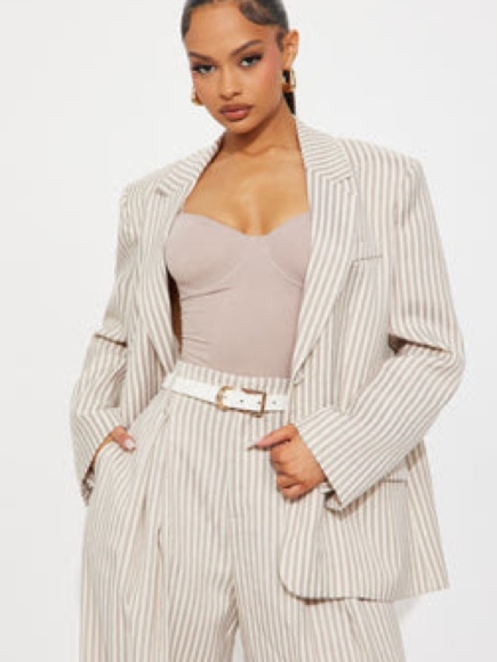 Fashion Nova Pinstripe Blazer in Light Beige